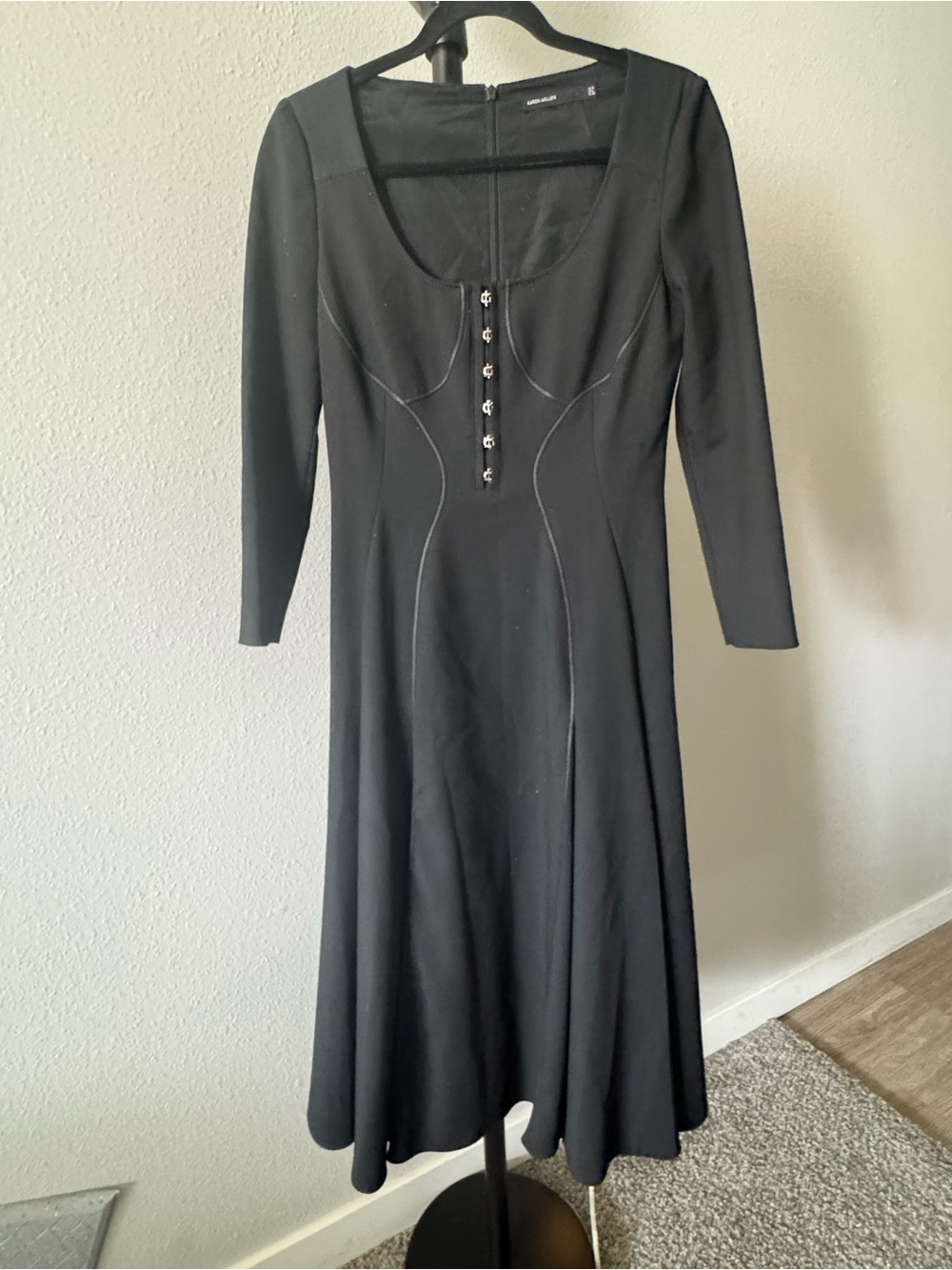 Karen Millen Black Long-Sleeve Scoop Neck Midi Dress